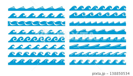 Blue wave borders and divider frames of marine line with sea wave patterns, vector wavy curls. Ocean water splashes with ripples or tide surfs and ocean flow with stormy waves for wave borders 138850534