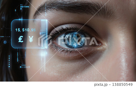 Biometrics currency cybersecurity close up of a human eye with a digital interface representing the future of digital finance Biometrics currency cybersecurity close up of a human eye with a digital interface representing the future of digital finance 138850549