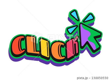 Vintage Y2K groovy mouse click sticker or funky label. Funky cool vector label, Y2K 90s patch. Retro nostalgic tag or vintage 2000s sticker with colorful funky typography and mouse pointer arrow 138850550