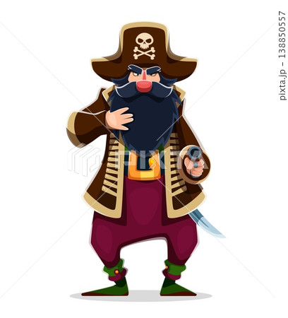 Cartoon pirate captain character with pistol. Medieval corsair with bushy beard holding a flintlock gun. Vector sea rover, funny swashbuckler comic personage wearing a tricorn hat, long coat and boots 138850557