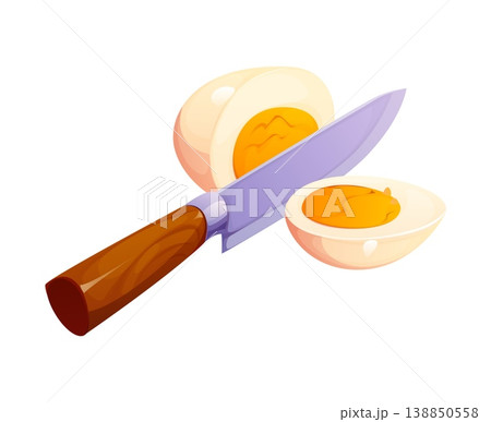 Boiled egg cutting with knife, food cooking process. Cooked egg slicing, meal ingredient cutting cartoon vector concept. Food cooking with chef knife or breakfast preparation process 138850558