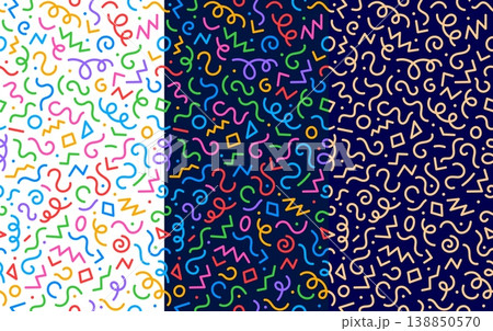 Kids squiggle seamless pattern, holiday birthday background. Vector vibrant color line ornament, playful and colorful squiggly doodle curves across two panels of white and blue. Party confetti print Kids squiggle seamless pattern, holiday birthday background. Vector vibrant color line ornament, playful and colorful squiggly doodle curves across two panels of white and blue. Party confetti print 138850570