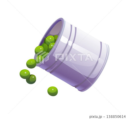 Canned green pea or beans can cooking process. Canned vegetables or beans cooking process or isolated cartoon vector object. Fresh pea preparation or veggie salad meal cooking 138850614