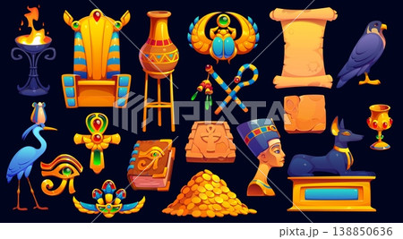 Egypt game icons asset, ancient egyptian symbols and treasures of cartoon UI. Vector gold scarab, stone tablet, pharaoh throne and papyrus scroll. Egypt civilization game golden coins and ankh icons 138850636