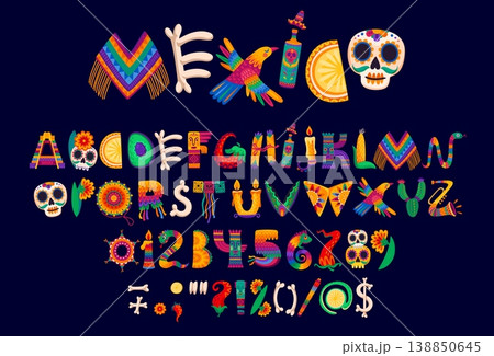 Mexican folk font, cartoon national type letters alphabet with fiesta pattern. Vector typography set of mexican font alphabet characters with Mexico holiday sombrero, tequila, aztec pyramid and skull 138850645