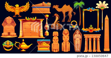 Ancient Egypt game icons asset, vintage egyptian symbols and treasures, vector UI. Cartoon gold pharaoh tomb, mummy, golden scarab frame and chest game icons. Ancient Egypt sphinx and obelisk monument 138850647