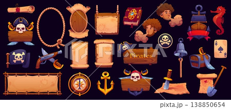 Pirate signboards, frames and heraldry icons, vector piracy. Cartoon old wood boards with corsair ship, captain pirate hats and swords, treasure maps and chest, vintage compass, anchor and rope icons 138850654