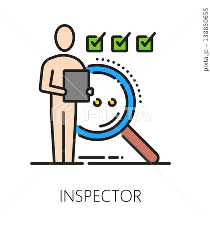 Quality inspector inspection icon or pictogram. Product quality and regulation control color line vector icon. Business inspection outline sign with check marks, magnifying glass and inspector person 138850655