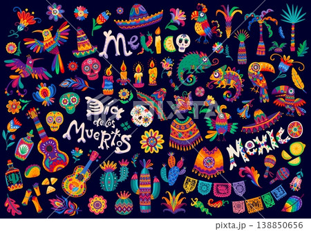 Mexican objects, guitars and papel picado, parrots and toucans, national cuisine food, candles, cacti or palm. Vector mexican chameleons, hummingbirds and flowers, sombrero and calavera skulls objects Mexican objects, guitars and papel picado, parrots and toucans, national cuisine food, candles, cacti or palm. Vector mexican chameleons, hummingbirds and flowers, sombrero and calavera skulls objects 138850656