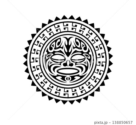 Maori sun face medallion tribal black tattoo or decor. Samoan ethnic folk print, Maori warrior graphic symbol. New Zealand tribal black tattoo 138850657