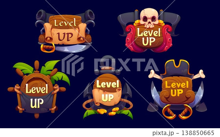 Pirate level up rank vector icons, piracy game badges of skull with tentacles and cannons with scroll. Cartoon palm framed steering wheel, anchor and rope with coins level up rank badges set 138850665