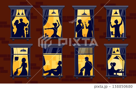 Neighborhood night windows with life scenes of male, female and family. Vector apartment building facade with yellow windows. People dancing, drinking coffee, working, spending time with pet and relax Neighborhood night windows with life scenes of male, female and family. Vector apartment building facade with yellow windows. People dancing, drinking coffee, working, spending time with pet and relax 138850680