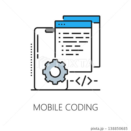 Mobile coding icon with smartphone screen, application window and gear setting symbol. Vector software program code, programming, computer system operate and app development outline technology sign 138850685