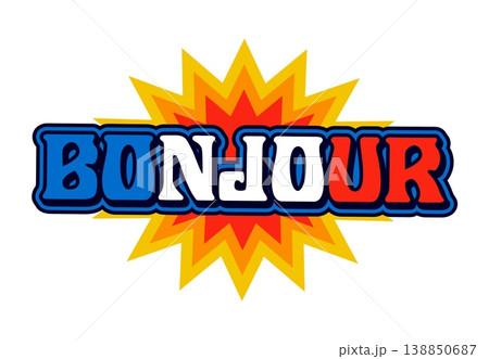 France bonjour vintage Y2K sticker or label. Europe country tourism vintage vector tag, France retro Y2K sticker. European nation travel souvenir patch with flag color typography and comic bang effect 138850687