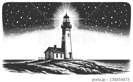 Lighthouse Shining Bright Under Starry Night Sky Lighthouse Shining Bright Under Starry Night Sky 138850873