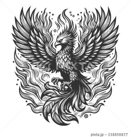 Phoenix Bird Rising From Flames engraving rasterのイラスト素材 [138850877] - PIXTA