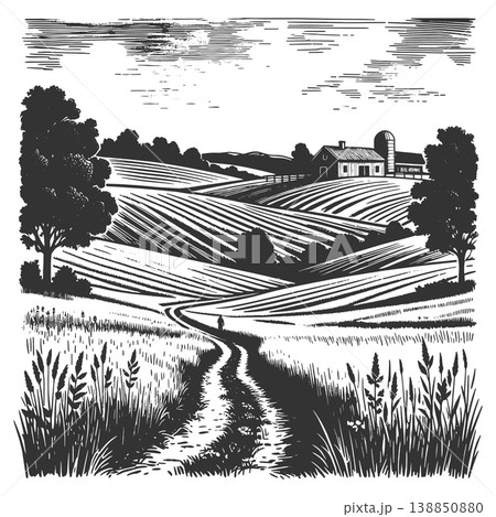 Rural Farm Landscape with Fields and Country Road Rural Farm Landscape with Fields and Country Road 138850880