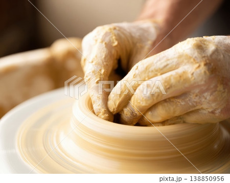 ろくろで粘土の形を整える陶芸の様子 138850956
