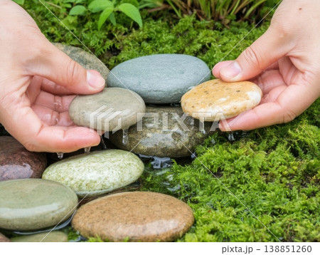 苔むした石が配置された静寂な日本庭園（枯山水） 138851260