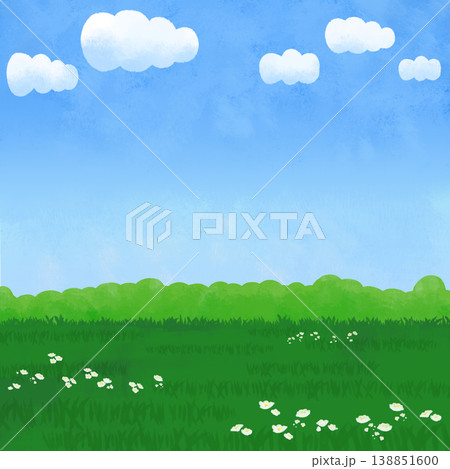 白い花の春の草原と青空の背景イラスト 白い花の春の草原と青空の背景イラスト 138851600