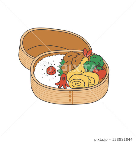 お弁当のイラスト　シンプル　素材　弁当素材　唐揚げ 　エビフライ　玉子焼き ランチ　わっぱ弁当 138851844