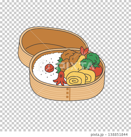 お弁当のイラスト　シンプル　素材　弁当素材　唐揚げ 　エビフライ　玉子焼き ランチ　わっぱ弁当 138851844