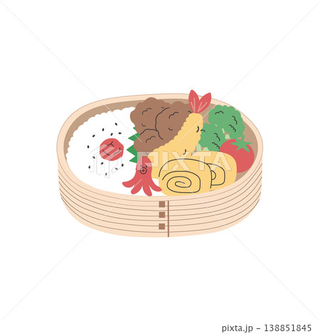 お弁当のイラスト　シンプル　素材　弁当素材　唐揚げ 　エビフライ　玉子焼き ランチ　わっぱ弁当 138851845