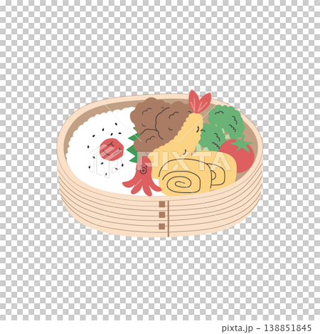 お弁当のイラスト　シンプル　素材　弁当素材　唐揚げ 　エビフライ　玉子焼き ランチ　わっぱ弁当 138851845