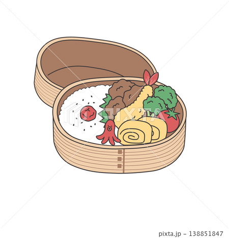 お弁当のイラスト　シンプル　素材　弁当素材　唐揚げ 　エビフライ　玉子焼き ランチ　わっぱ弁当 138851847