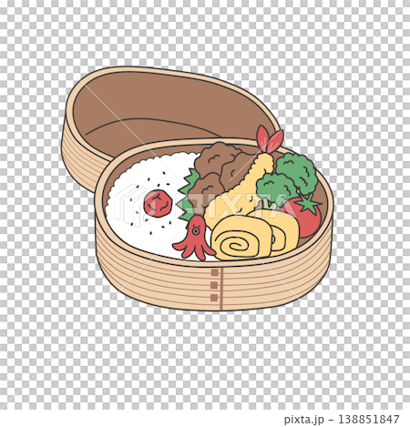 お弁当のイラスト　シンプル　素材　弁当素材　唐揚げ 　エビフライ　玉子焼き ランチ　わっぱ弁当 138851847
