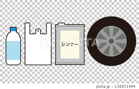 ナフサを原料に作られる製品（ペットボトル、レジ袋、シンナー、タイヤ） 138851994