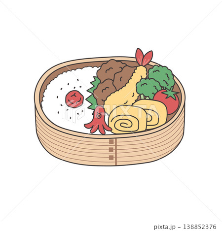 お弁当のイラスト　食べ物 お弁当　おかずのイラスト　シンプル　素材　弁当素材　 138852376