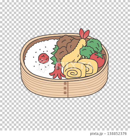 お弁当のイラスト　食べ物 お弁当　おかずのイラスト　シンプル　素材　弁当素材　 138852376