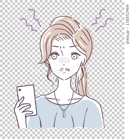Vector illustration of a woman looking annoyed at her smartphone. Vector illustration of a woman looking annoyed at her smartphone. 138852469