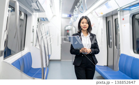 confident Asian businesswoman holding clipboard standing in subway train. Professional female employee commuter in black suit for business travel, career, and leadership concept 138852647