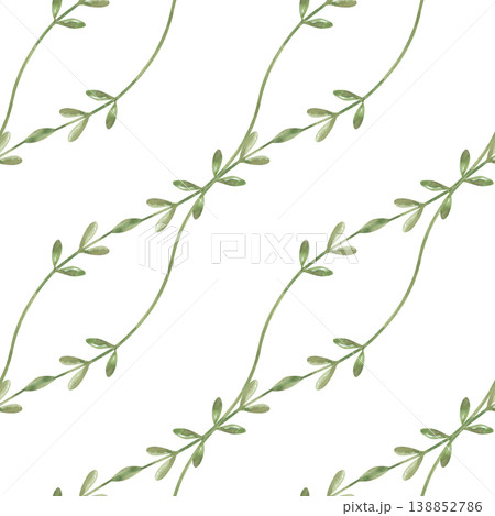 Watercolor seamless pattern with minimalist green herbal stems and small leaves on an isolated background. For eco-friendly packaging, textile design, wedding stationery, spring-themed decor, and 138852786