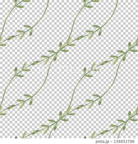 Watercolor seamless pattern with minimalist green herbal stems and small leaves on an isolated background. For eco-friendly packaging, textile design, wedding stationery, spring-themed decor, and 138852786
