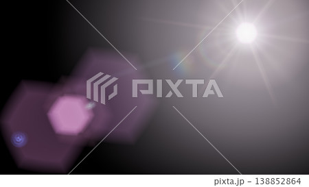 flare overlay light white starburst with purple hexagonal bokeh on black background, optical lens shimmer effect, realistic sun glow, professional solar beam, isolated glow ray 138852864