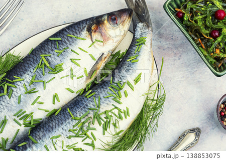 Salted herring with dill and green onion 138853075