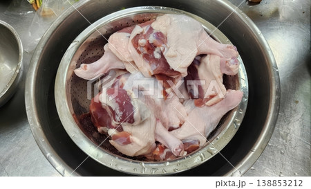 Raw Duck Legs and Thighs in a Stainless Steel Colander for Gourmet Cooking 138853212