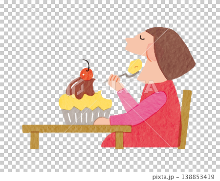 一位女士開心地吃蛋糕的插圖 | 甜食、下午茶、碳水化合物攝入 一位女士開心地吃蛋糕的插圖 | 甜食、下午茶、碳水化合物攝入 138853419