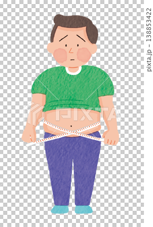 一位超重男子擔憂腰圍的插圖 | 肥胖、代謝症候群和節食問題 一位超重男子擔憂腰圍的插圖 | 肥胖、代謝症候群和節食問題 138853422