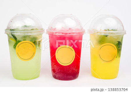 Refreshing beverage trio showcasing colorful drinks from casual setting, perfect for a sunny day and social gatherings with friends Refreshing beverage trio showcasing colorful drinks from casual setting, perfect for a sunny day and social gatherings with friends 138853704