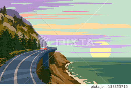 Sunset mountain road trip vacation by car, coast sea, ocean, palms, resort tropical landscape Sunset mountain road trip vacation by car, coast sea, ocean, palms, resort tropical landscape 138853716