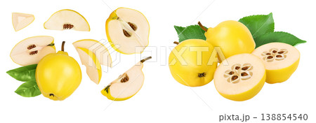 Fresh quince with slices isolated on the white background with full depth of field. Top view. Flat lay Fresh quince with slices isolated on the white background with full depth of field. Top view. Flat lay 138854540
