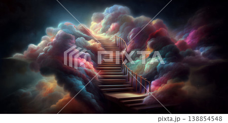 Evening stair voyage. Dusk staircase through vibrant cosmic haze. Sunset ladder ascending through shimmering nebulae and twinkling stars 138854548