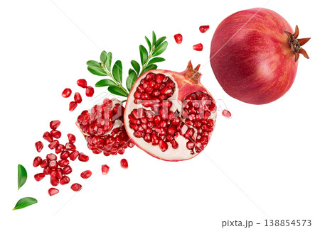 Pomegranate isolated on white background with full depth of field. Top view. Flat lay Pomegranate isolated on white background with full depth of field. Top view. Flat lay 138854573