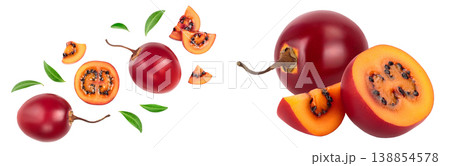 Fresh tamarillo fruit with leaves isolated on white background. Top view. Flat lay Fresh tamarillo fruit with leaves isolated on white background. Top view. Flat lay 138854578