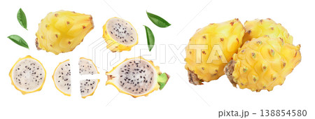Dragon fruit, Pitaya or Pitahaya yellow isolated on white background. Top view. Flat lay. Set or collection 138854580