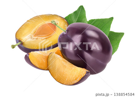 fresh purple plum and slices with leaves isolated on white background with full depth of field fresh purple plum and slices with leaves isolated on white background with full depth of field 138854584